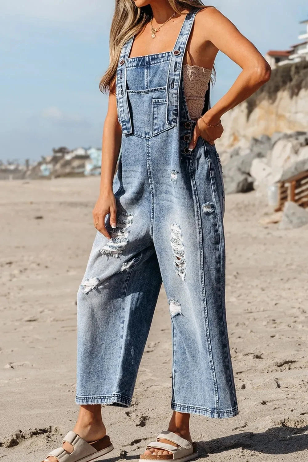 Distressed Bib Pocket Wide Leg Denim Overalls Simply Love