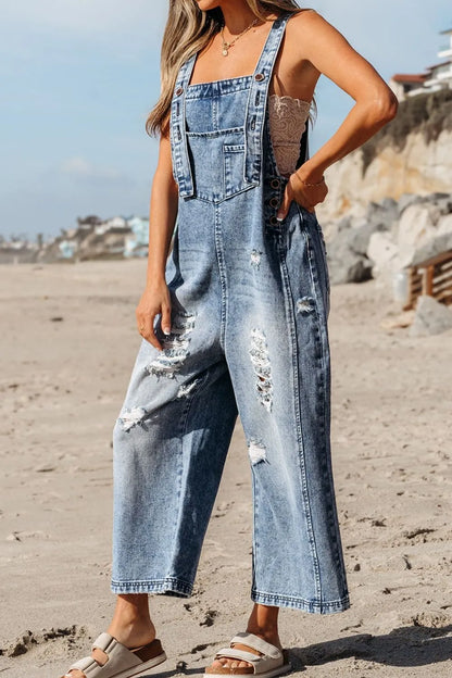 Distressed Bib Pocket Wide Leg Denim Overalls