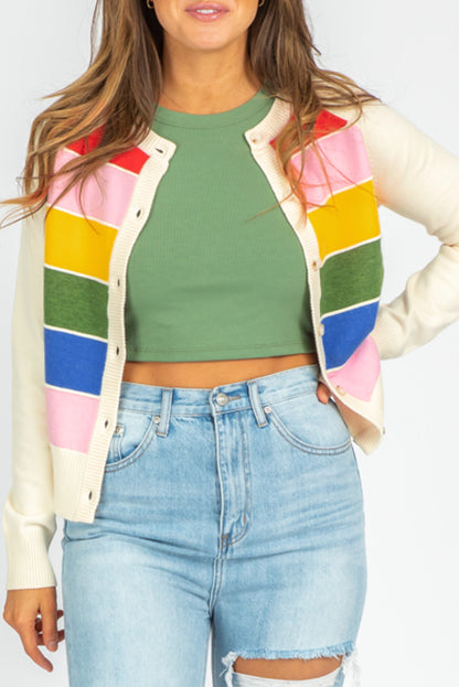 White stripe colorful pattern button front sweater cardigan, casual style with long sleeves and round neck, ideal for daily wear.