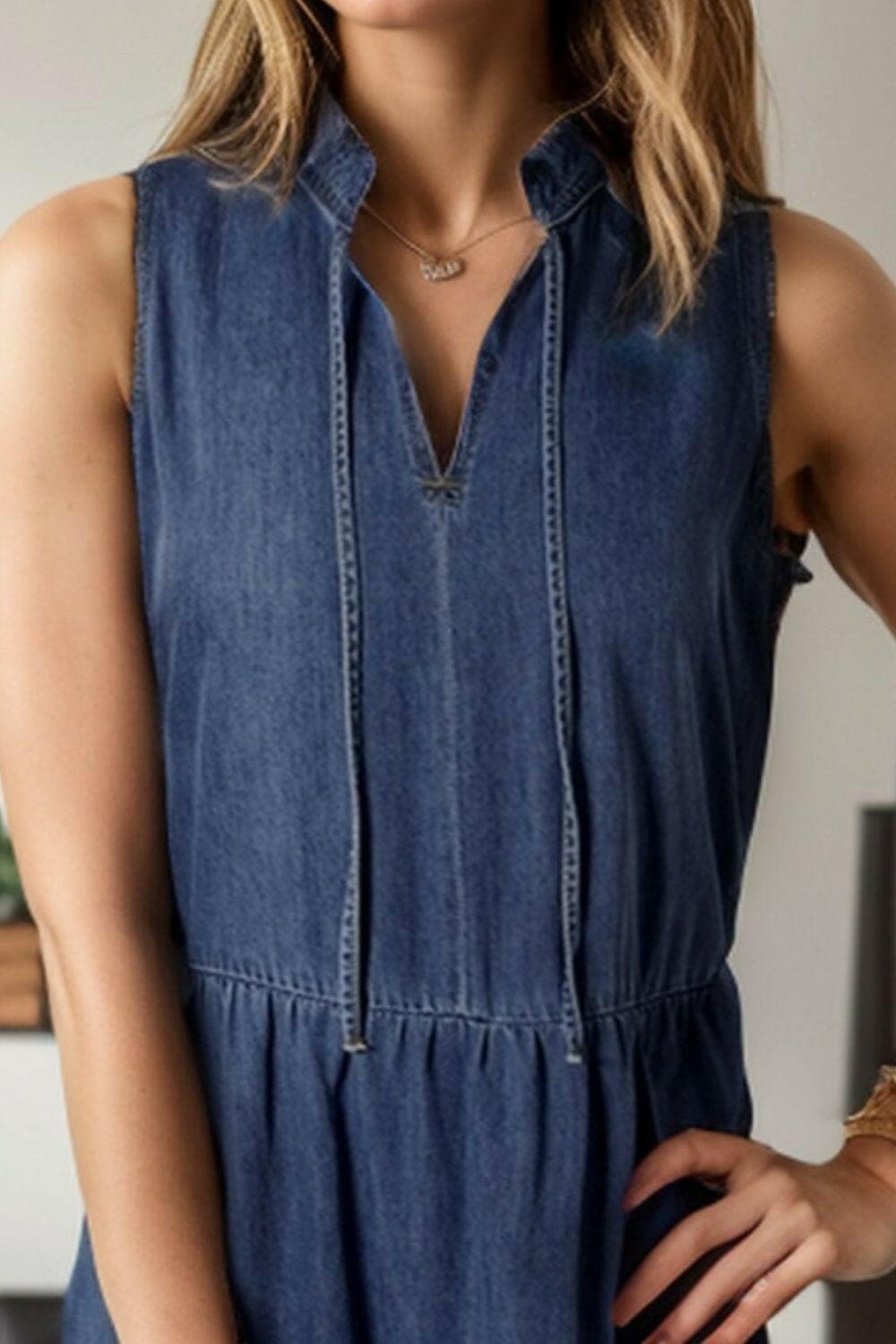 Tie Neck Sleeveless Denim Dress.