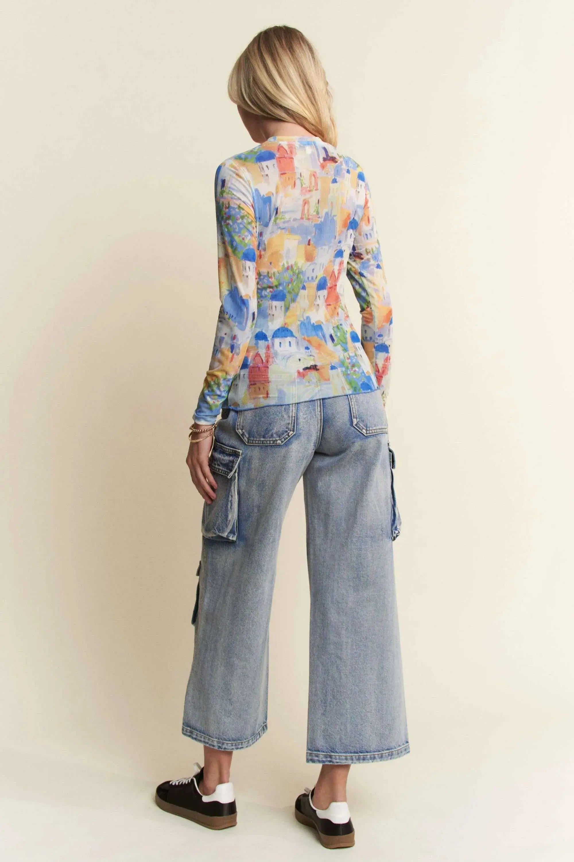 Davi & Dani Multi Printed Mesh Round Neck Long Sleeve Top - Love Salve 