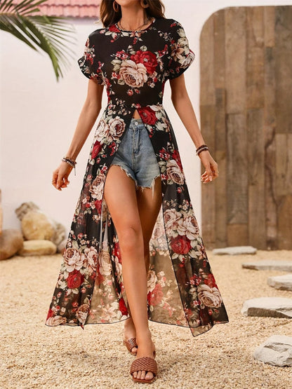 Sheer floral blouse with slit