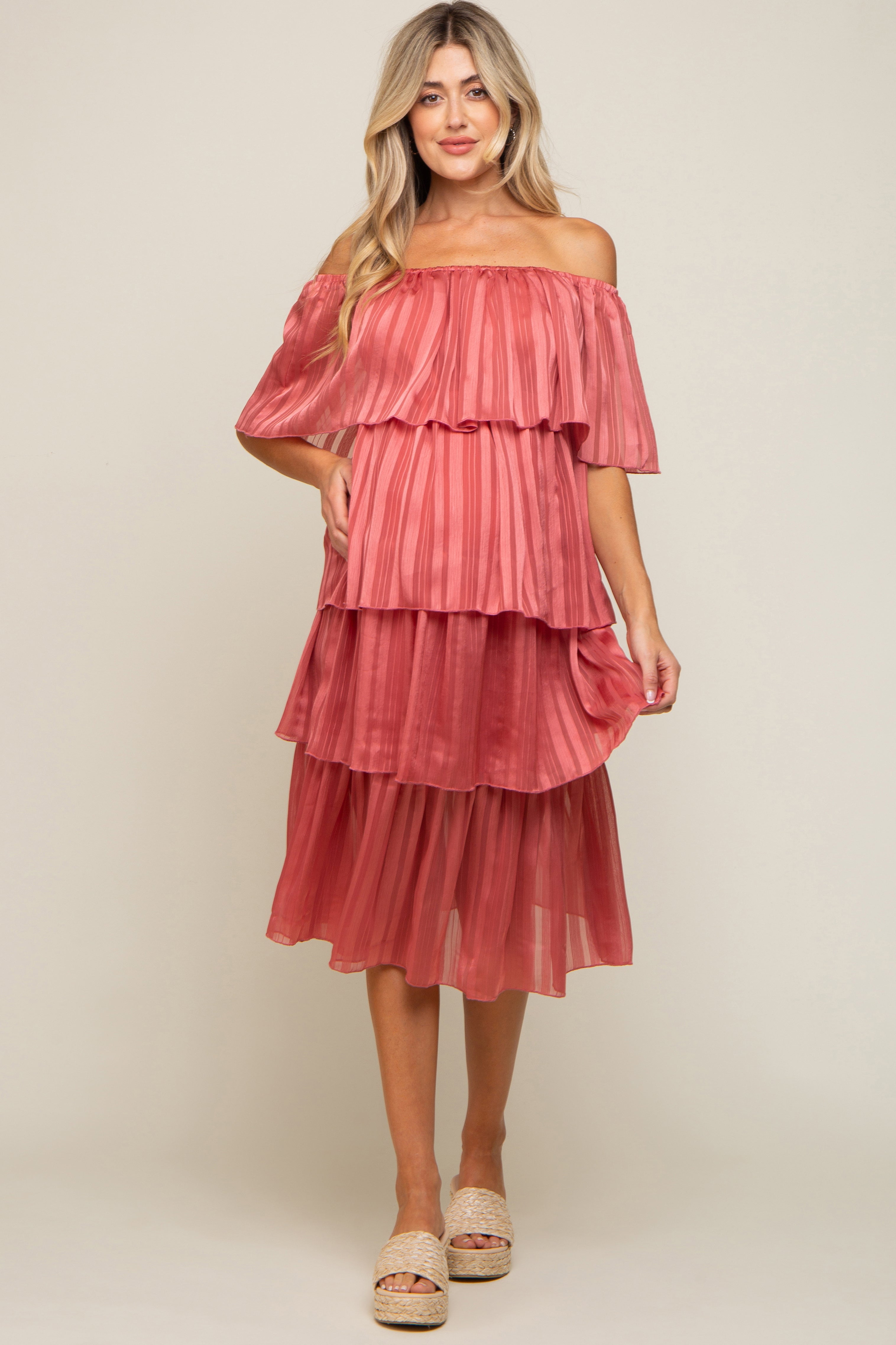 Dark Mauve Striped Layered Maternity Midi Dress PinkBlush