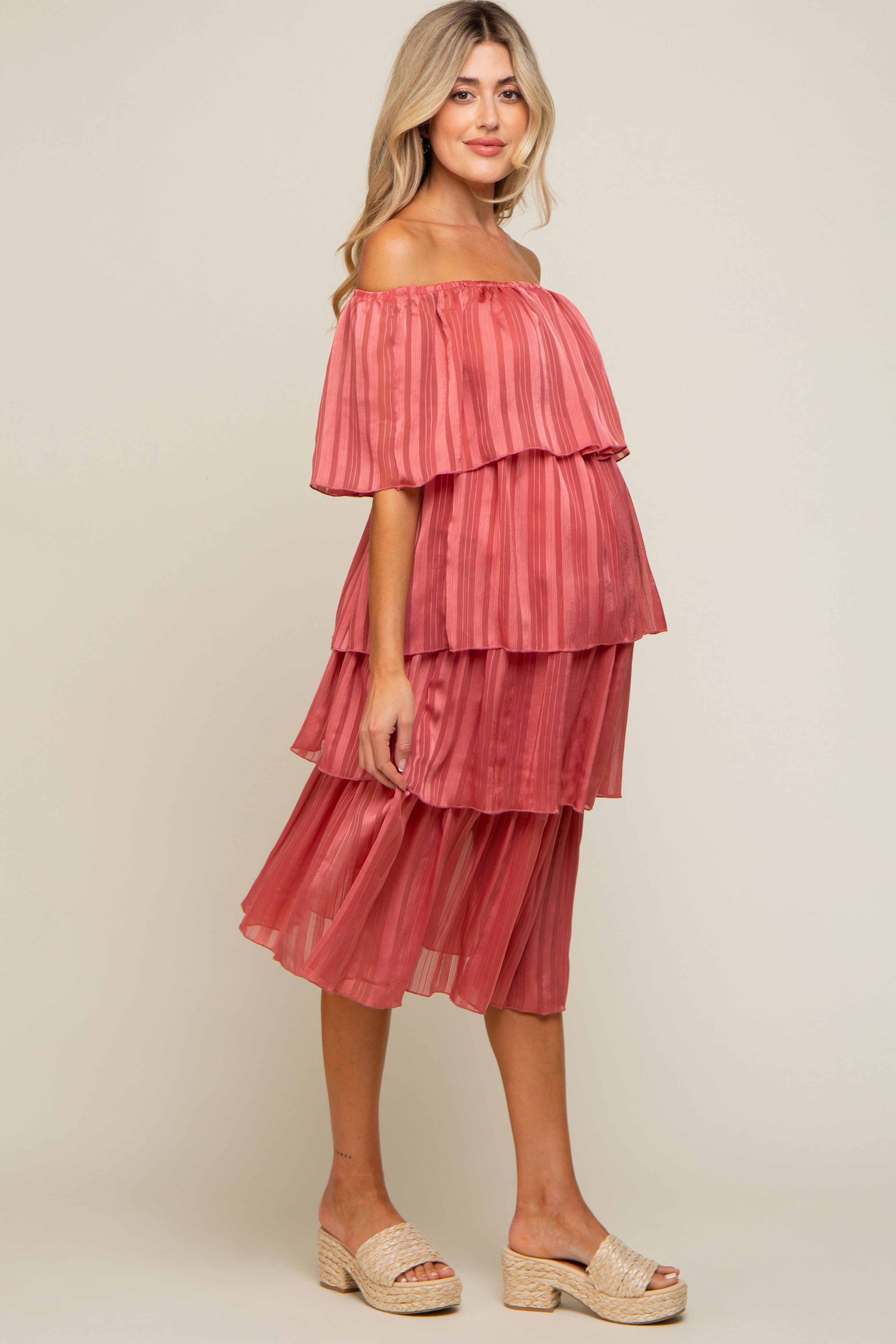 Dark Mauve Striped Layered Maternity Midi Dress PinkBlush