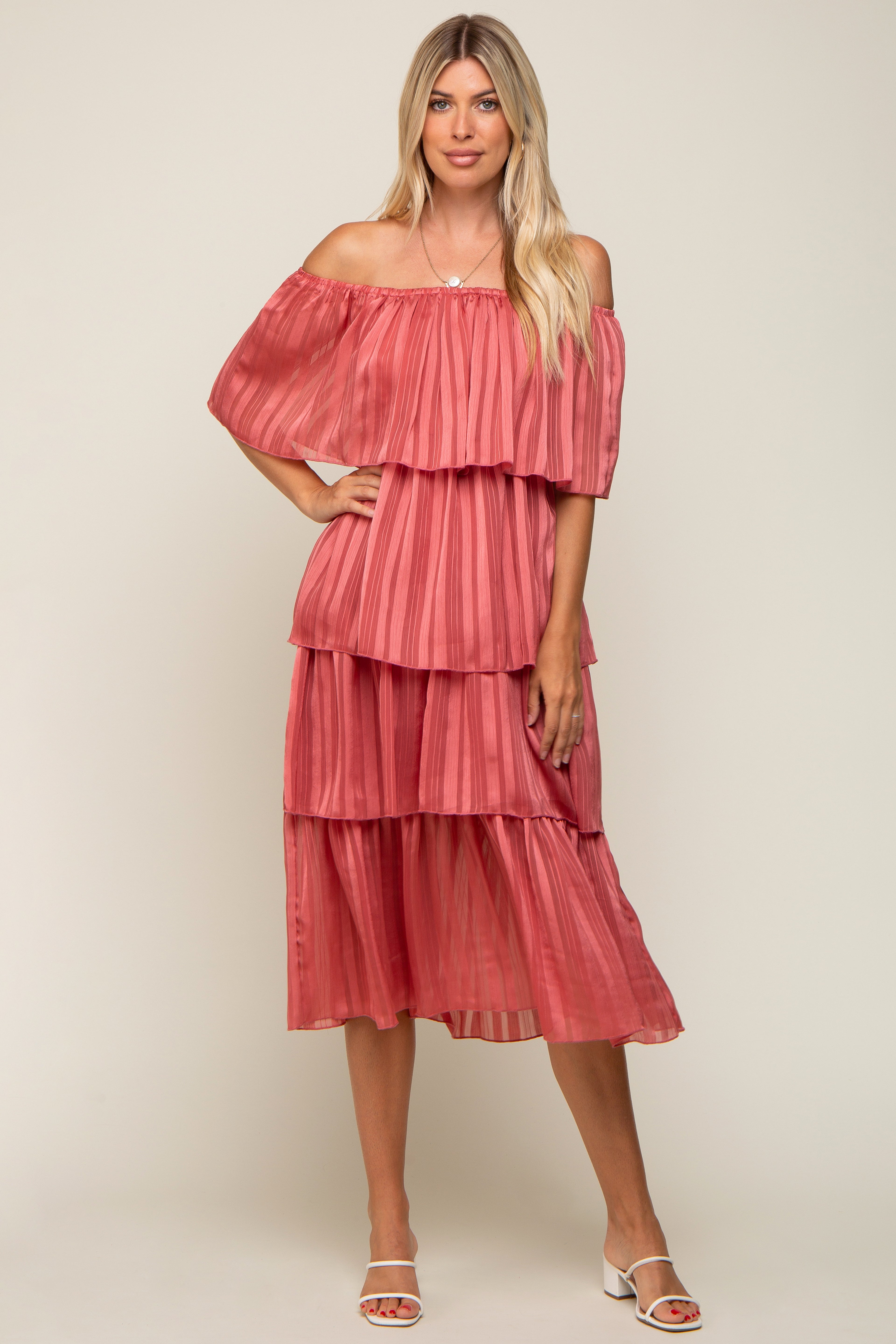 Dark Mauve Striped Layered Maternity Midi Dress PinkBlush