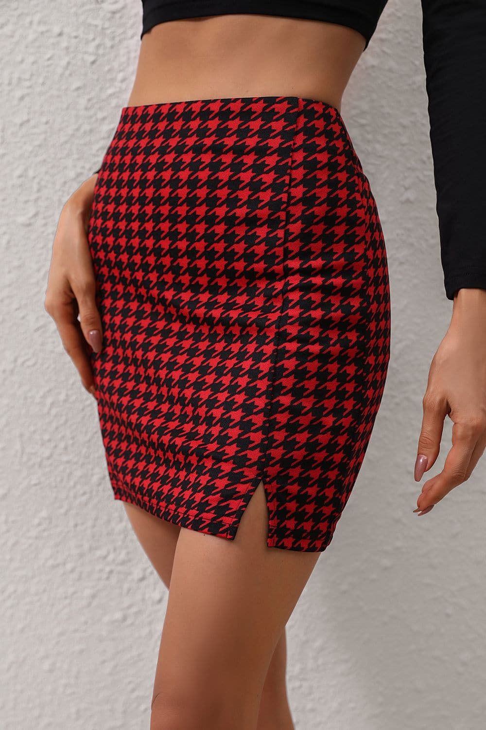 Houndstooth Slit Mini Skirt.