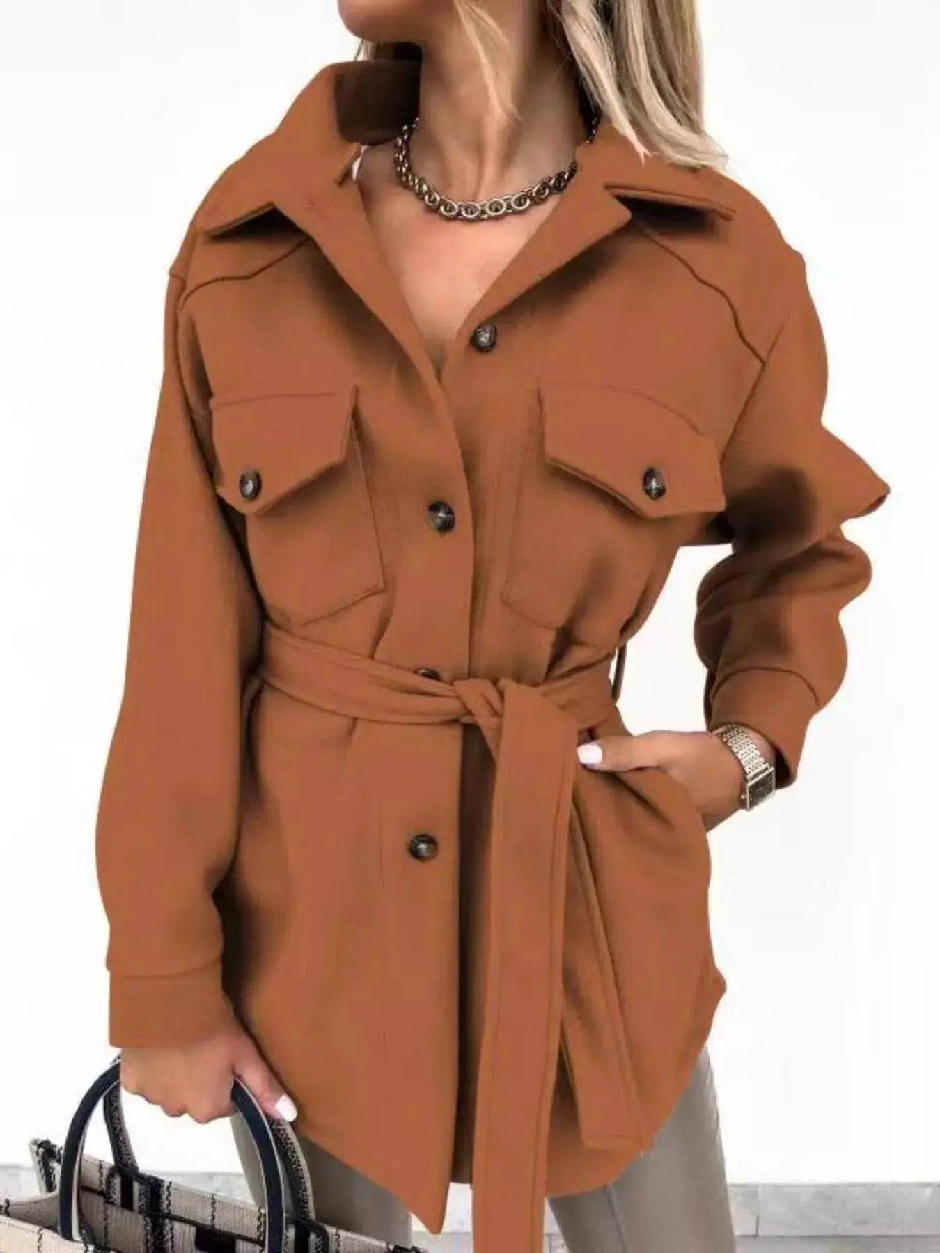 Button-Down Tie Waist Coat Simply Love