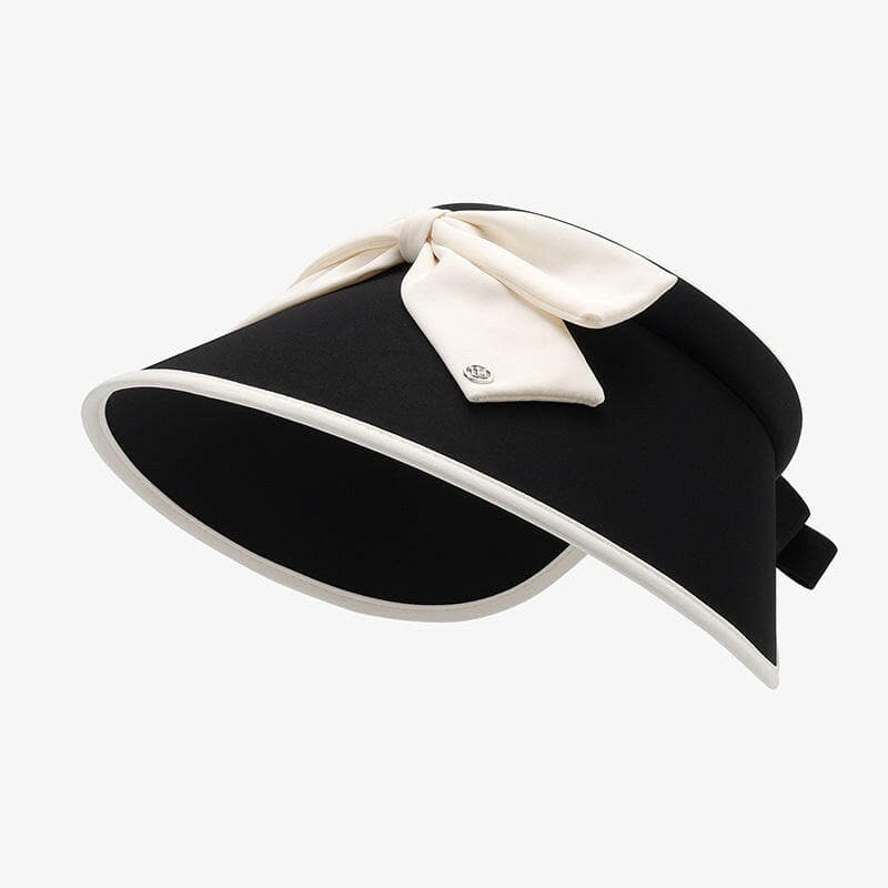 Trendy black bow ice silk sun hat with white trim.