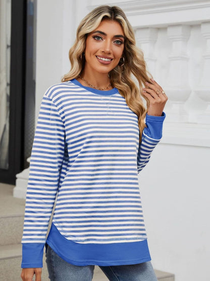 Striped Round Neck Long Sleeve Sweatshirt.