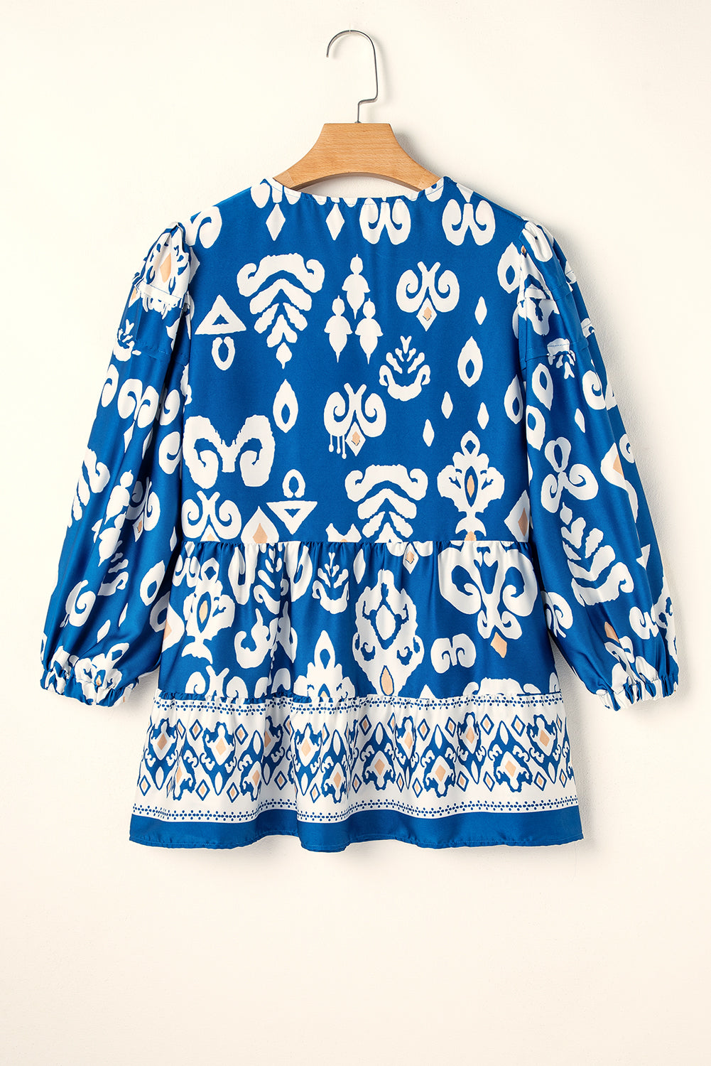 Blue Tribal Geometric Print 3/4 Sleeve Flowy Fit Blouse