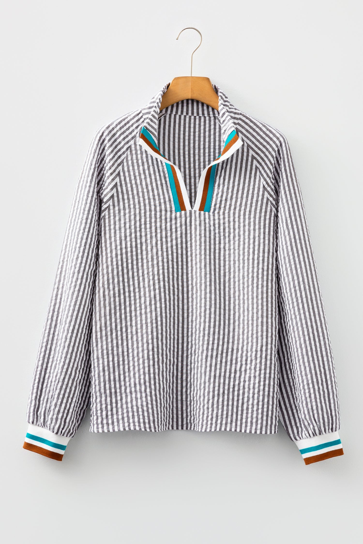 Dark Grey Striped Patchwork Split Neck Blouse With Contrast Detail Dear-Lover Dropshipping