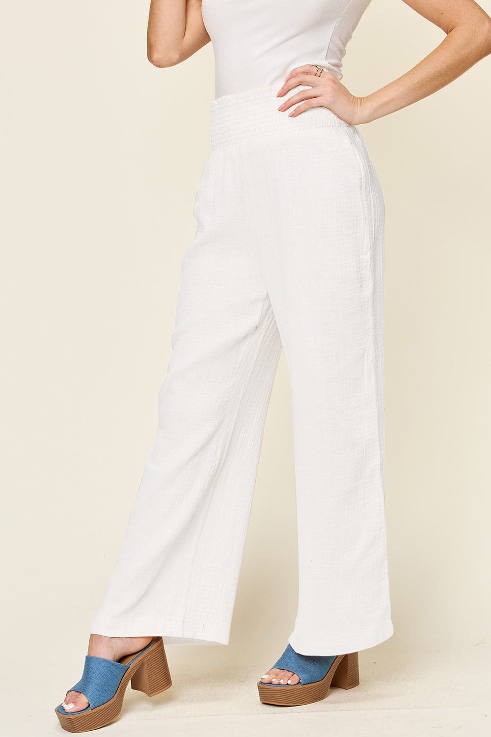 Double Take Full Size Texture Smocked Waist Wide Leg Pants.