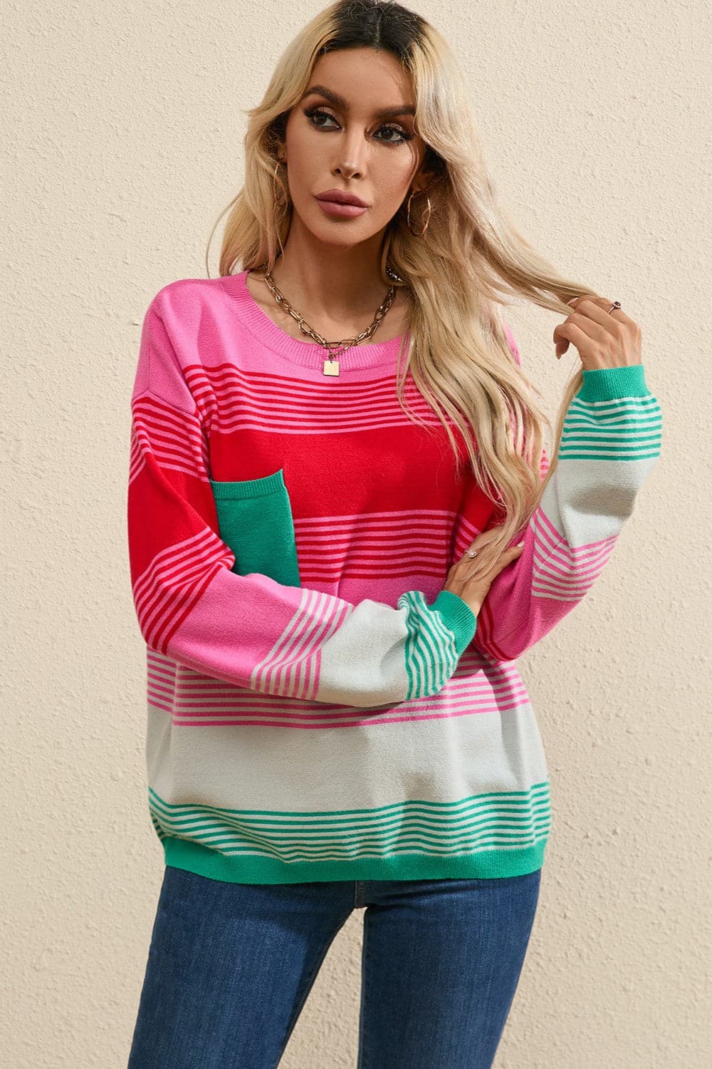 Color Block Round Neck Sweater.