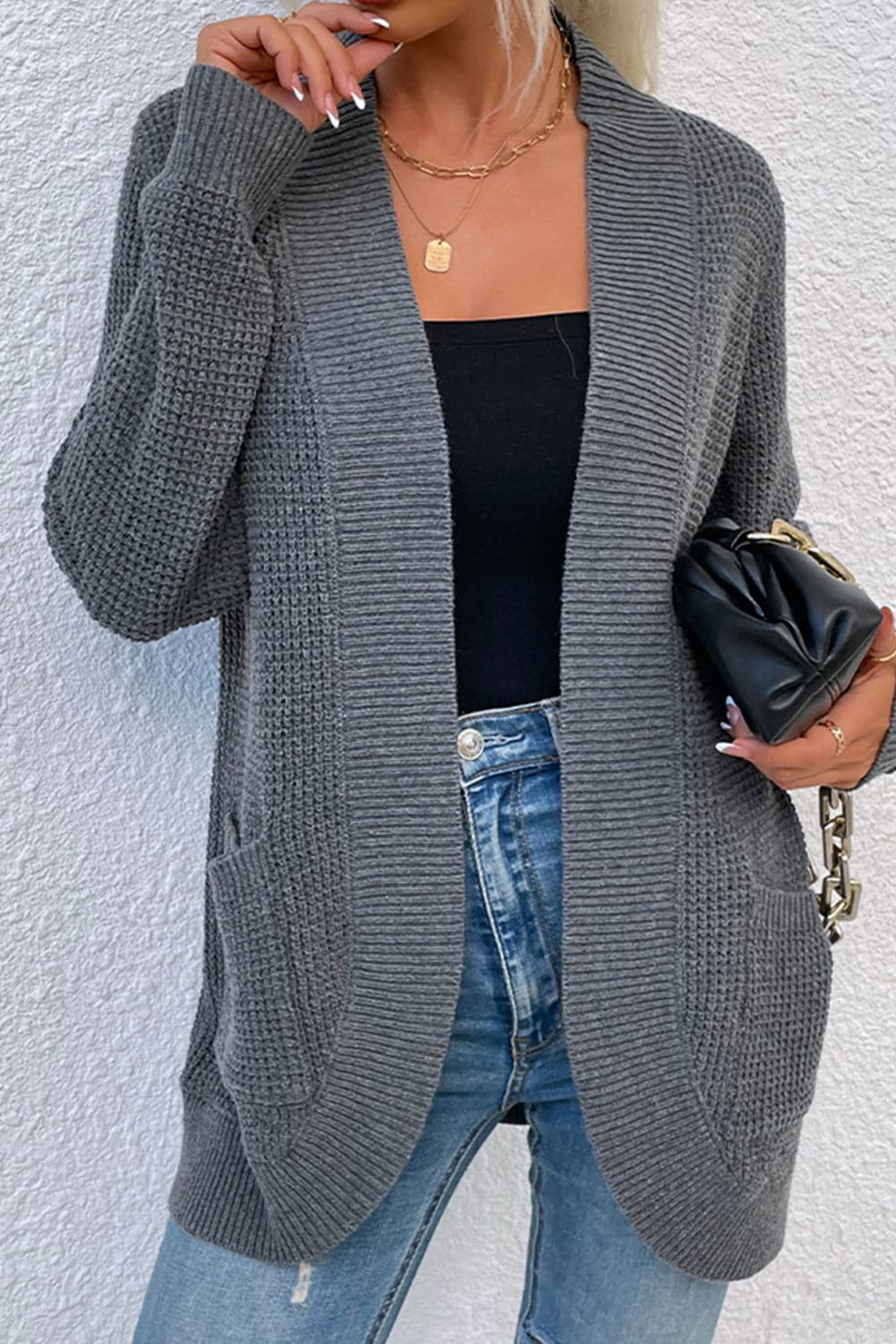 Open Front Rib-Knit Cardigan with Pockets.