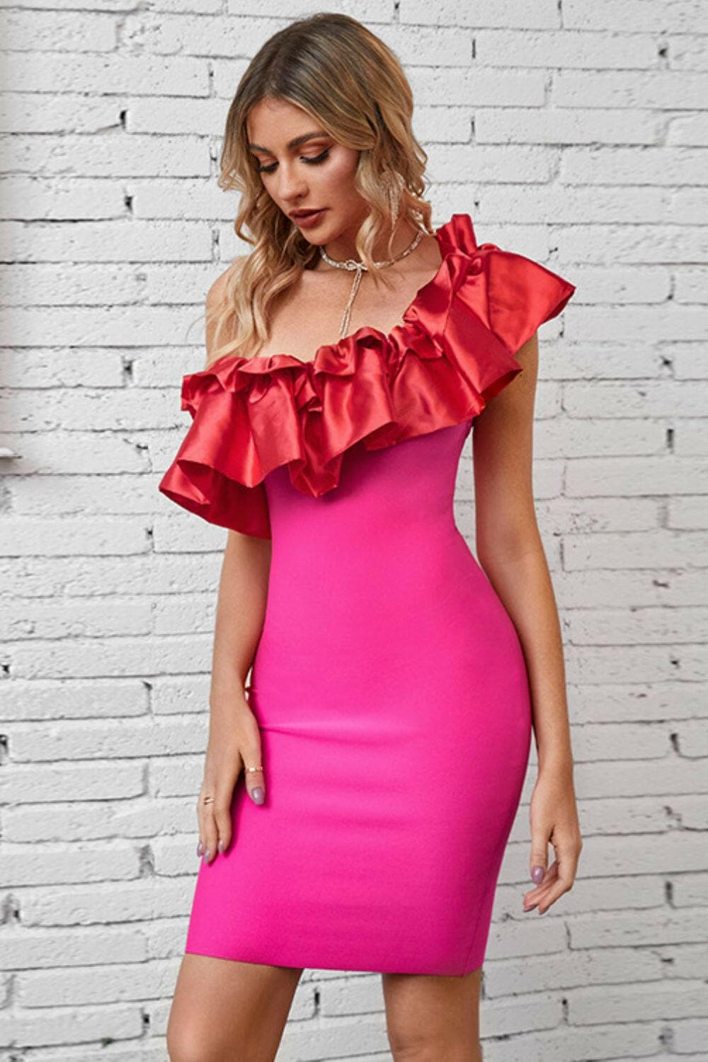 Ruffled One-Shoulder Bodycon Dress.