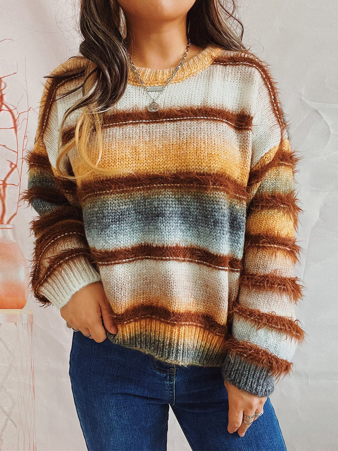 Striped Round Neck Long Sleeve Sweater.