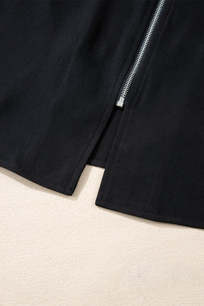 Sleek black zip-up jacket with tab sleeves