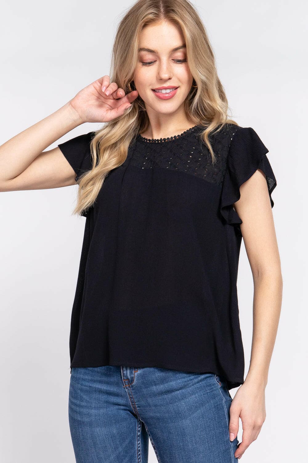 ACTIVE BASIC Ruffle Short Sleeve Crochet Blouse.