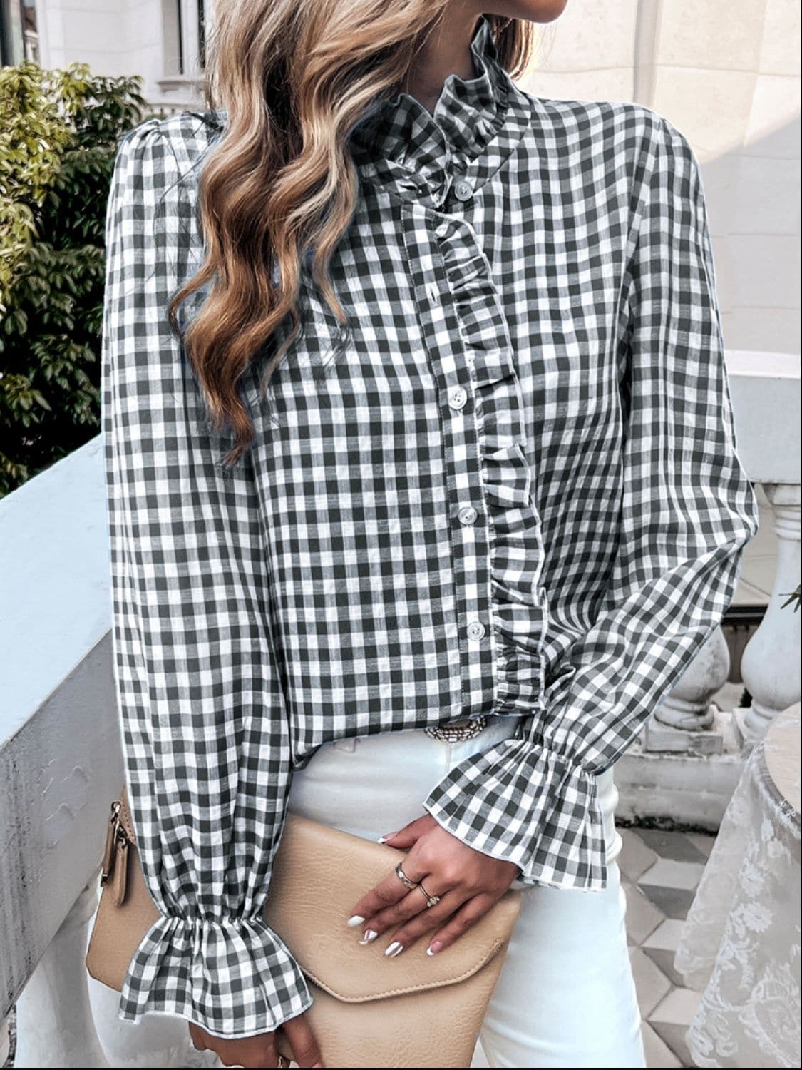 Frill Ruffled Plaid Long Sleeve Shirt.