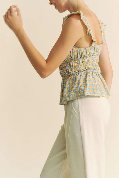 Davi & Dani Plaid Ruffled Strap Smocked Sleeveless Top - Love Salve 