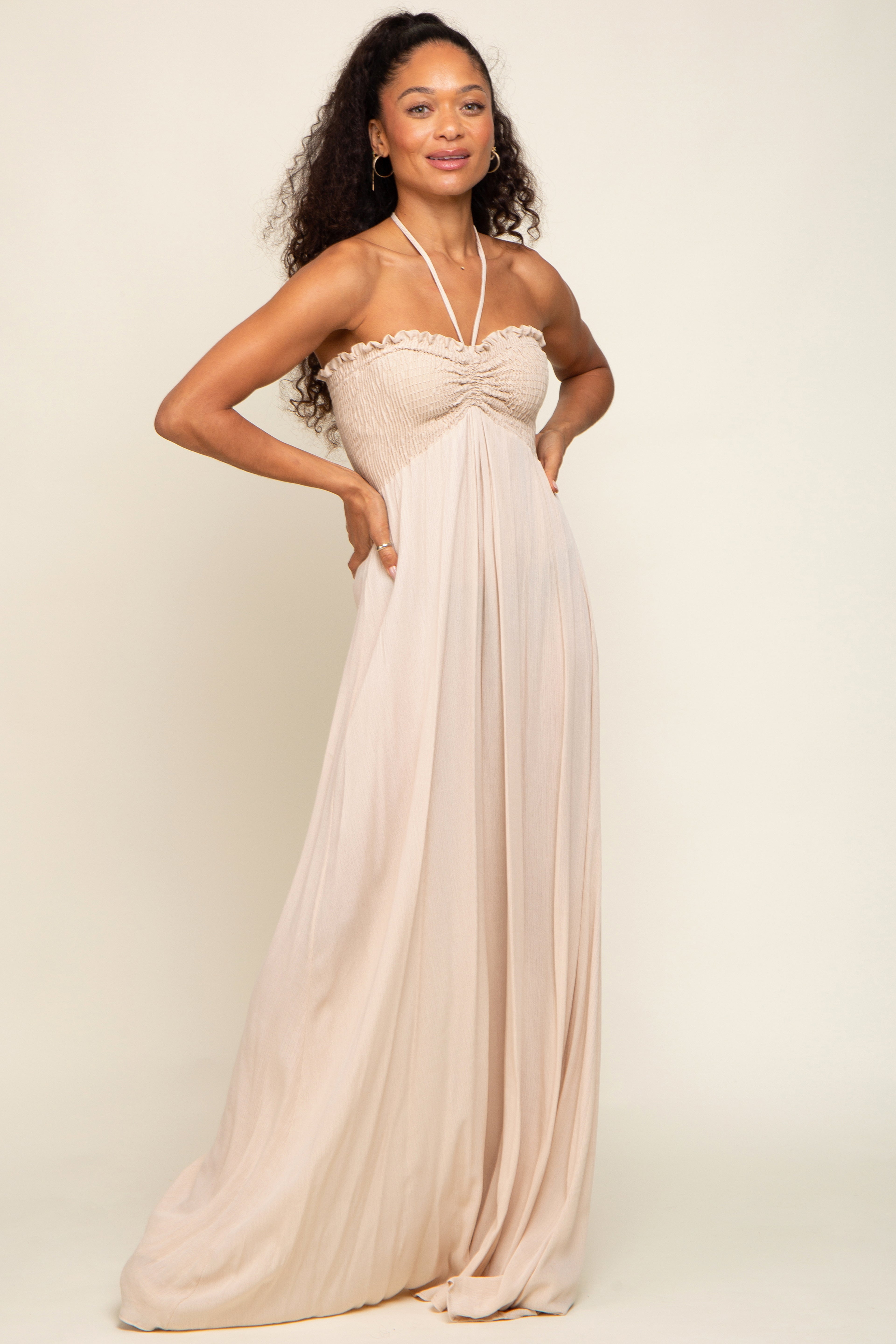 Beige Smocked Halter Maternity Maxi Dress PinkBlush