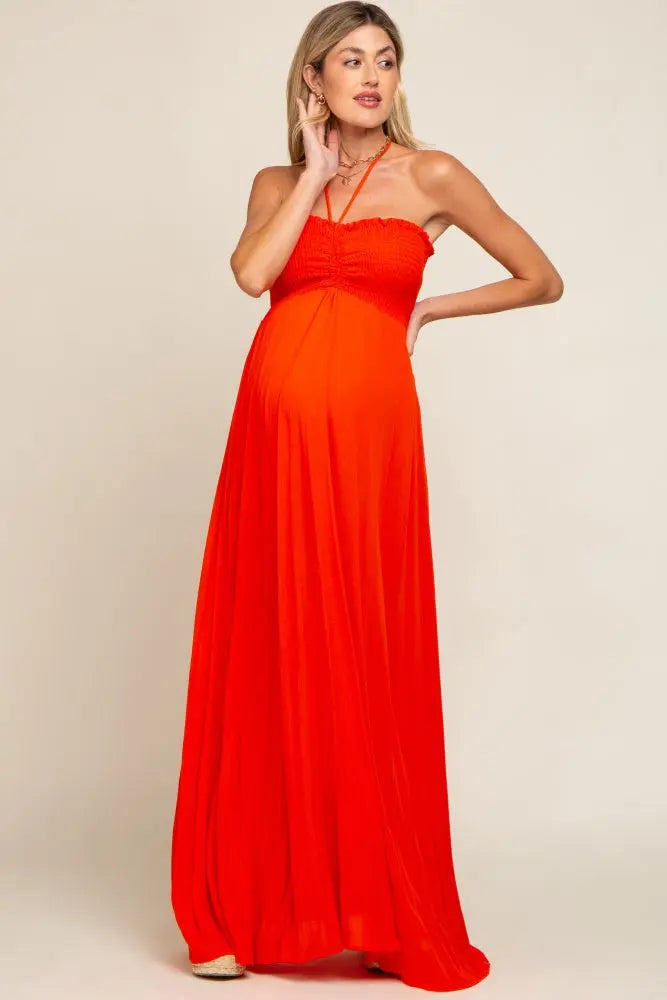 Orange Smocked Halter Maternity Maxi Dress PinkBlush