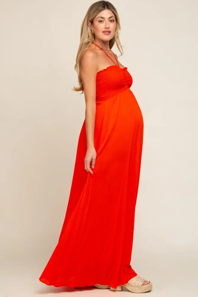 Orange Smocked Halter Maternity Maxi Dress PinkBlush