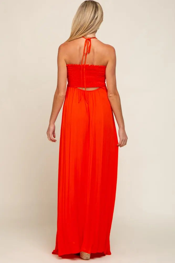 Orange Smocked Halter Maternity Maxi Dress PinkBlush