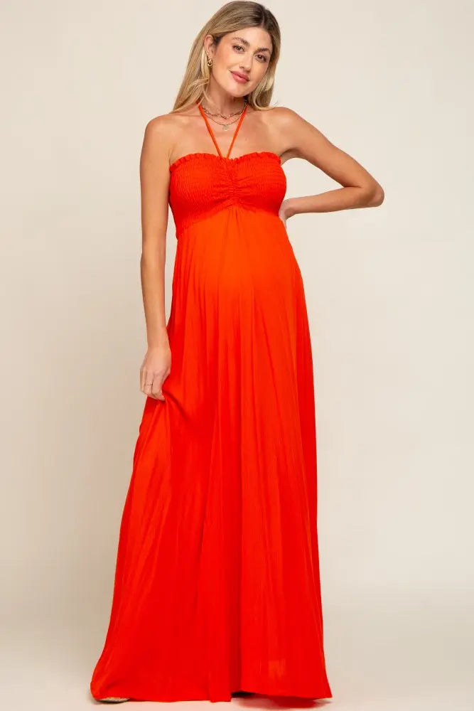 Orange Smocked Halter Maternity Maxi Dress PinkBlush