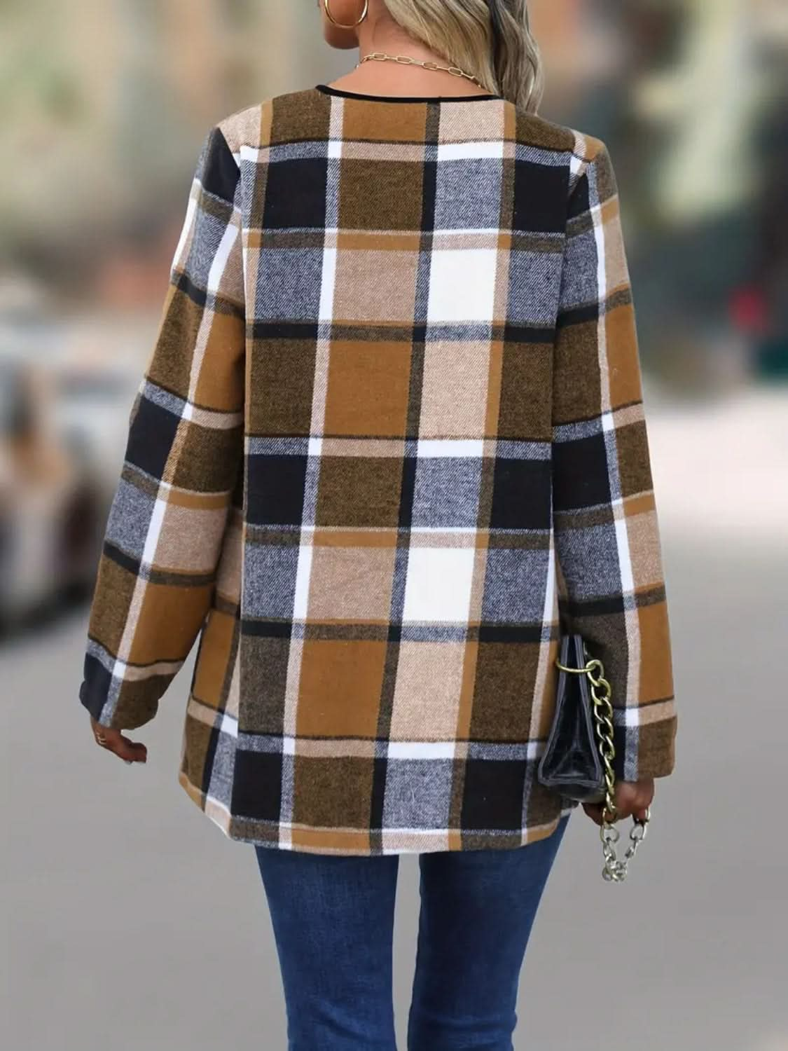 Chic plaid long sleeve open-front jacket