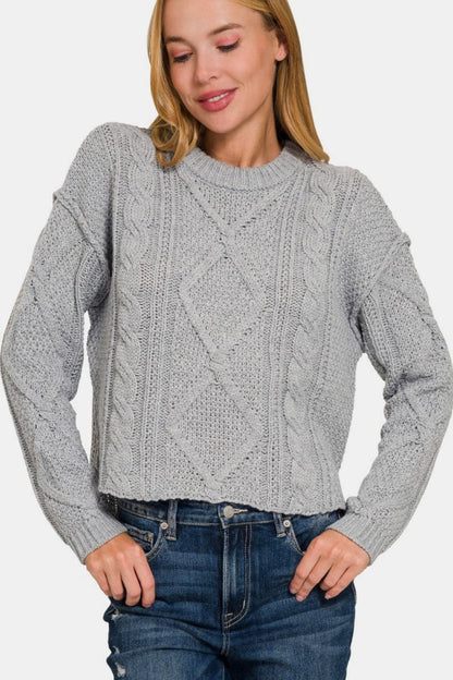 Cropped high-low cable knit sweater with chic side slits