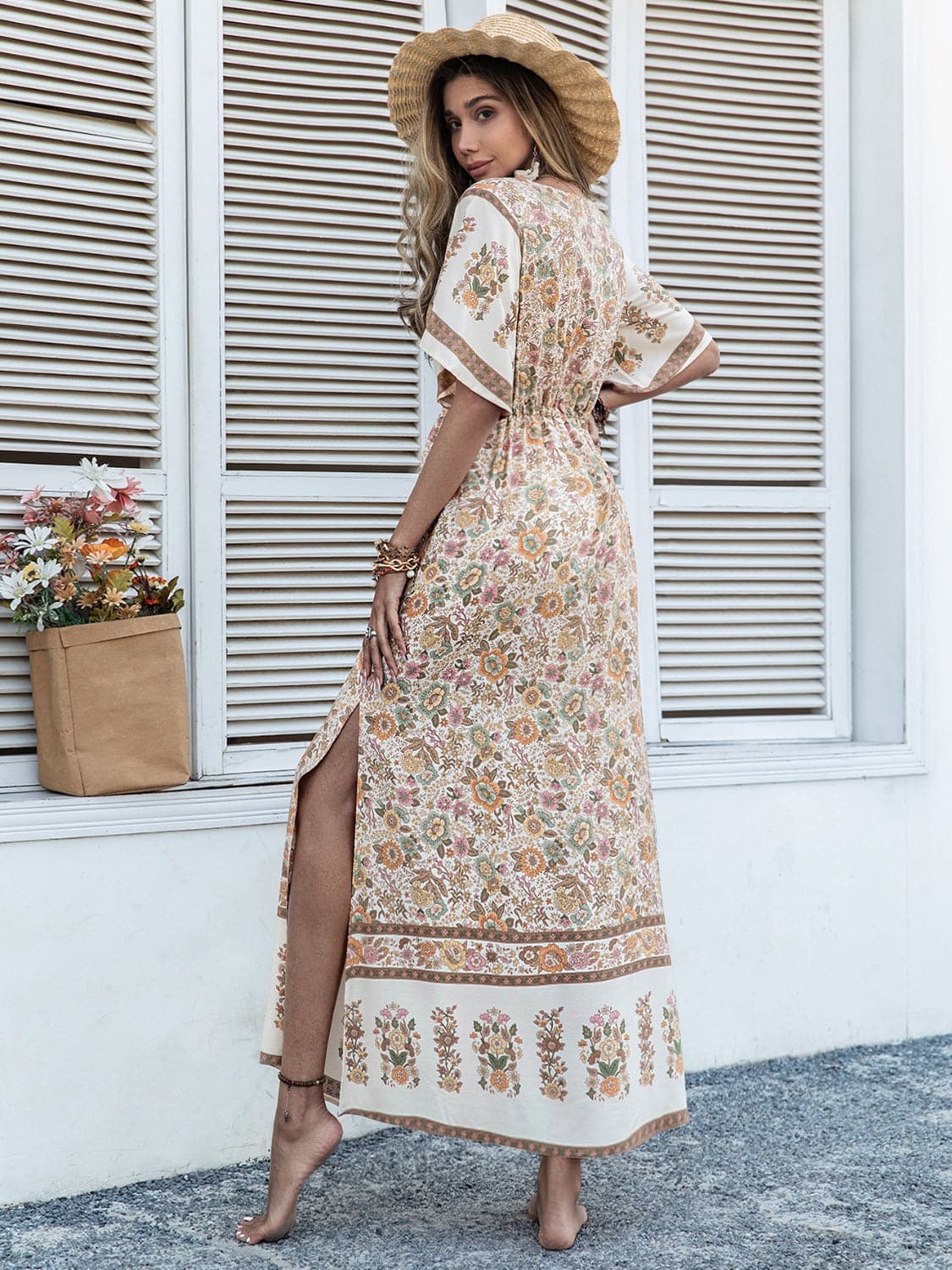 Drawstring Printed Plunge Half Sleeve Dress.