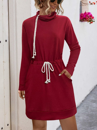 Drawstring turtleneck dress with pockets