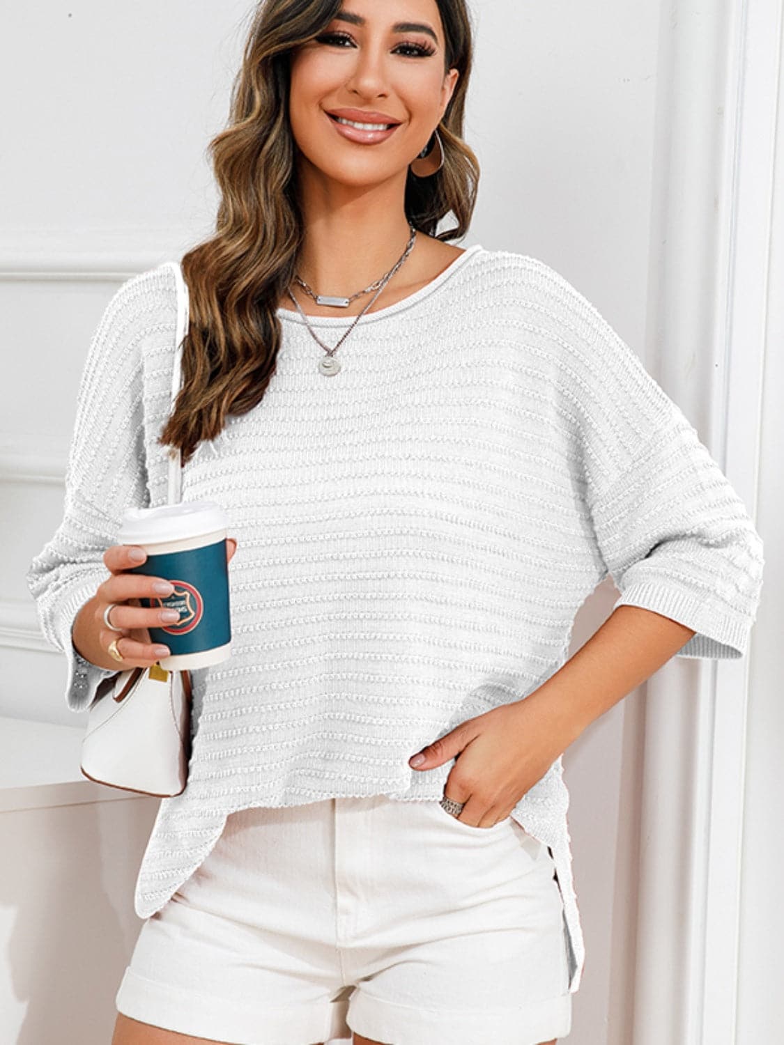 Rolled Round Neck Dropped Shoulder Slit Sweater.