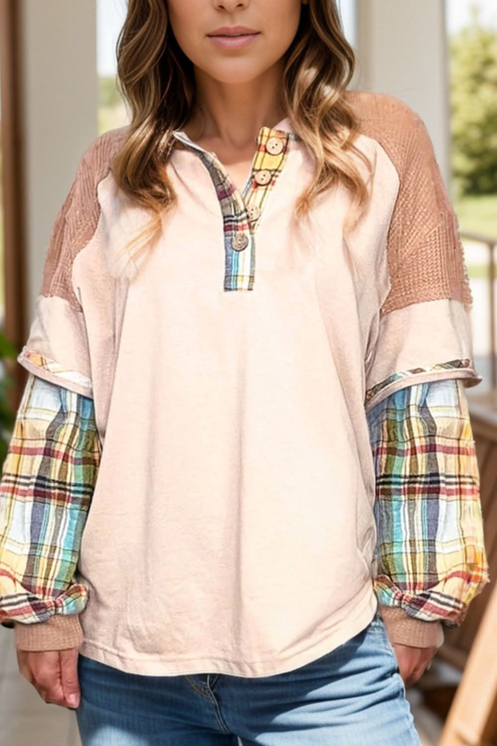 Curvy Comfort Plaid Waffle-Knit Top with Button Details