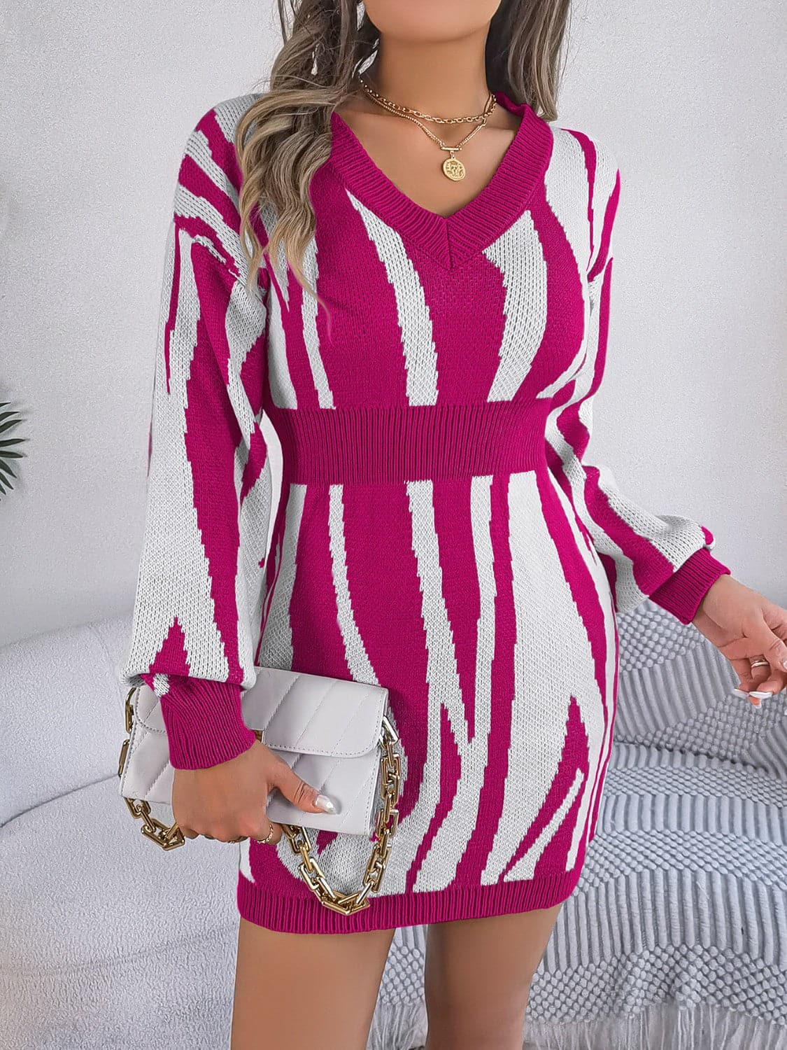 Animal Print V-Neck Long Sleeve Sweater Dress.