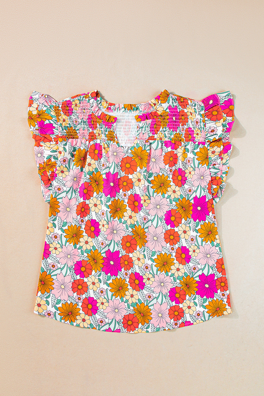 Vibrant floral plus-size ruffle sleeve blouse with notched neckline