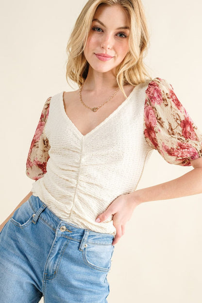 Floral print textured sleeve top