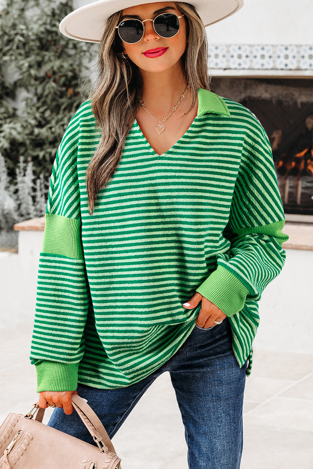 Chic green striped v-neck top Love Salve