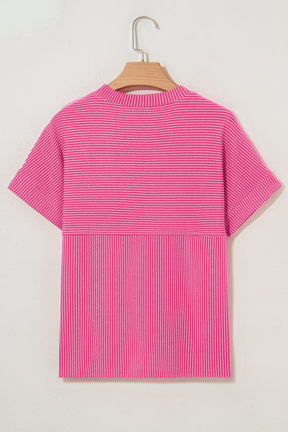 Bright Pink Plain Corded Knit Mock Neck T Shirt for Women