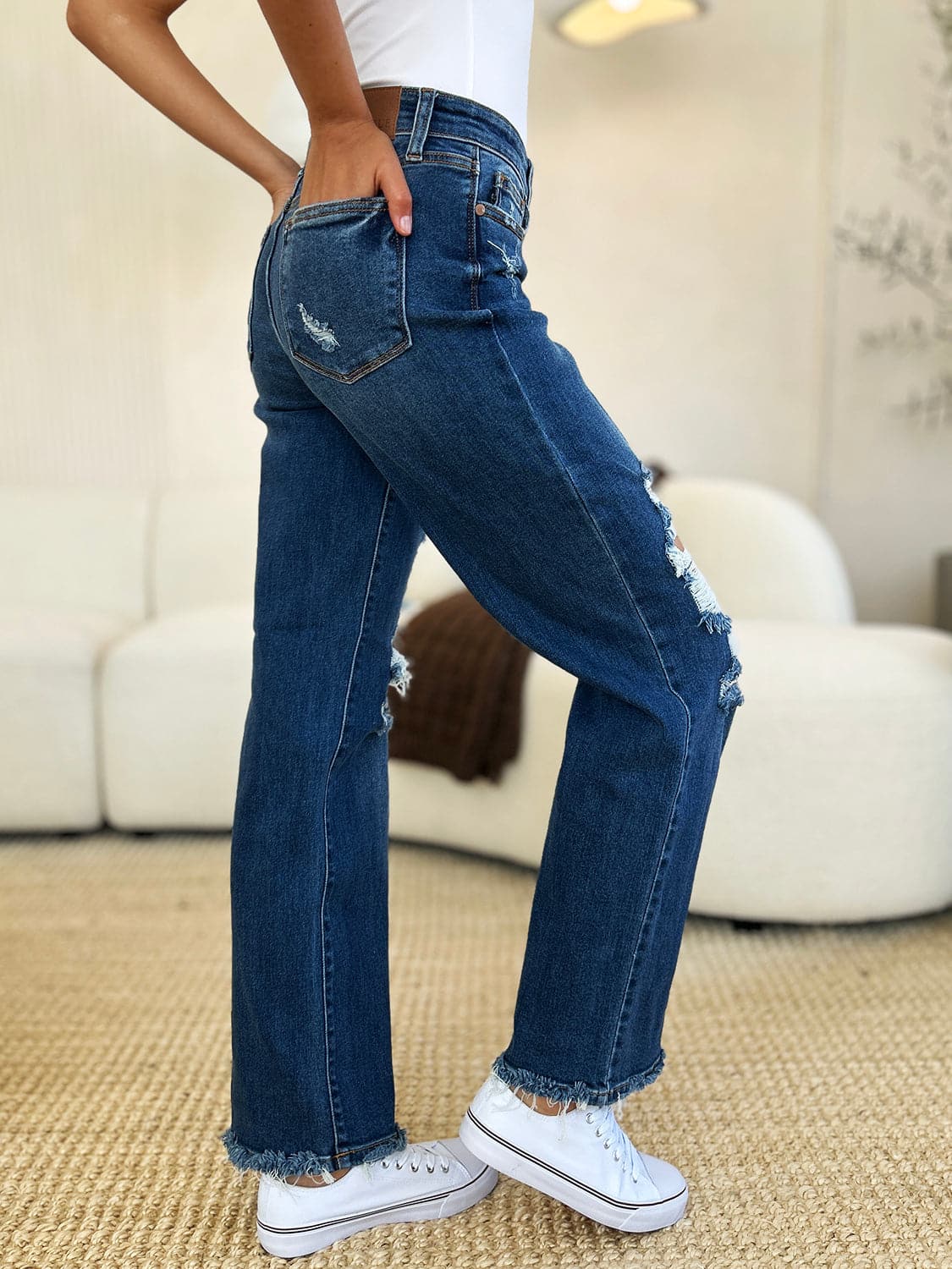 Judy Blue Full Size Mid Rise Distressed Raw Hem Jeans.