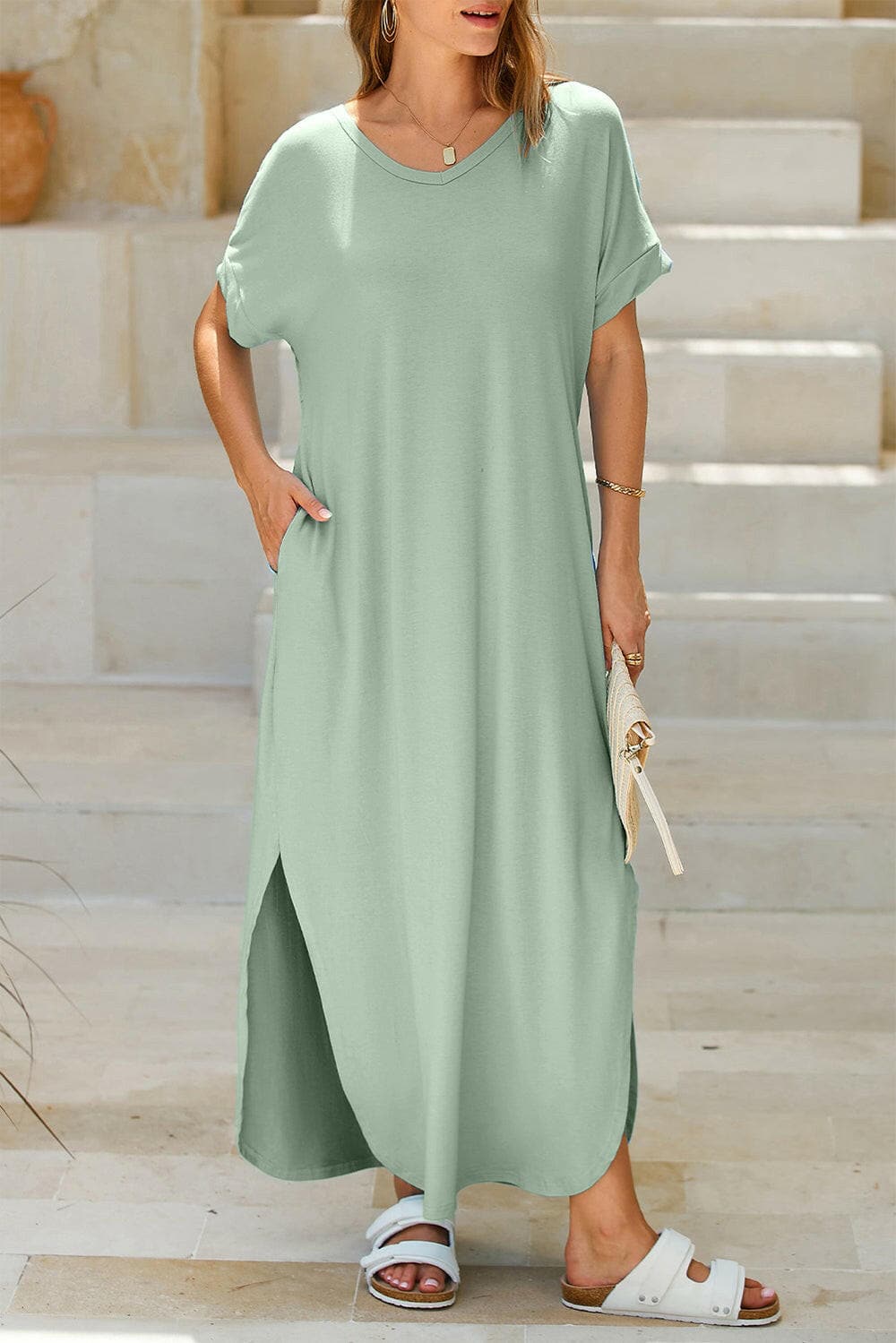 Slit Pocketed Short Sleeve Dress.