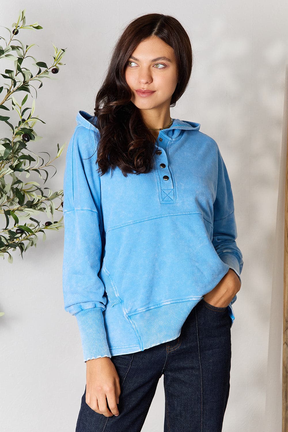 Zenana Half Snap Long Sleeve Hoodie with Pockets.