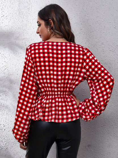 Plaid V-Neck Balloon Sleeve Peplum BlouseStay Chic with Our Plaid V-Neck Balloon Sleeve Peplum Blouse
 Enhance your wardrobe with our stylish Plaid V-Neck Balloon Sleeve Peplum Blouse that effortlessly combLove Salve -Neck Balloon Sleeve Peplum BlouseBlouses