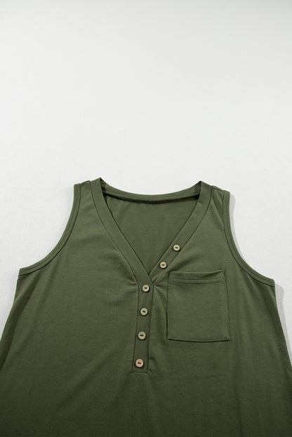 Jungle green v-neck tank top with button detail and patched pocket