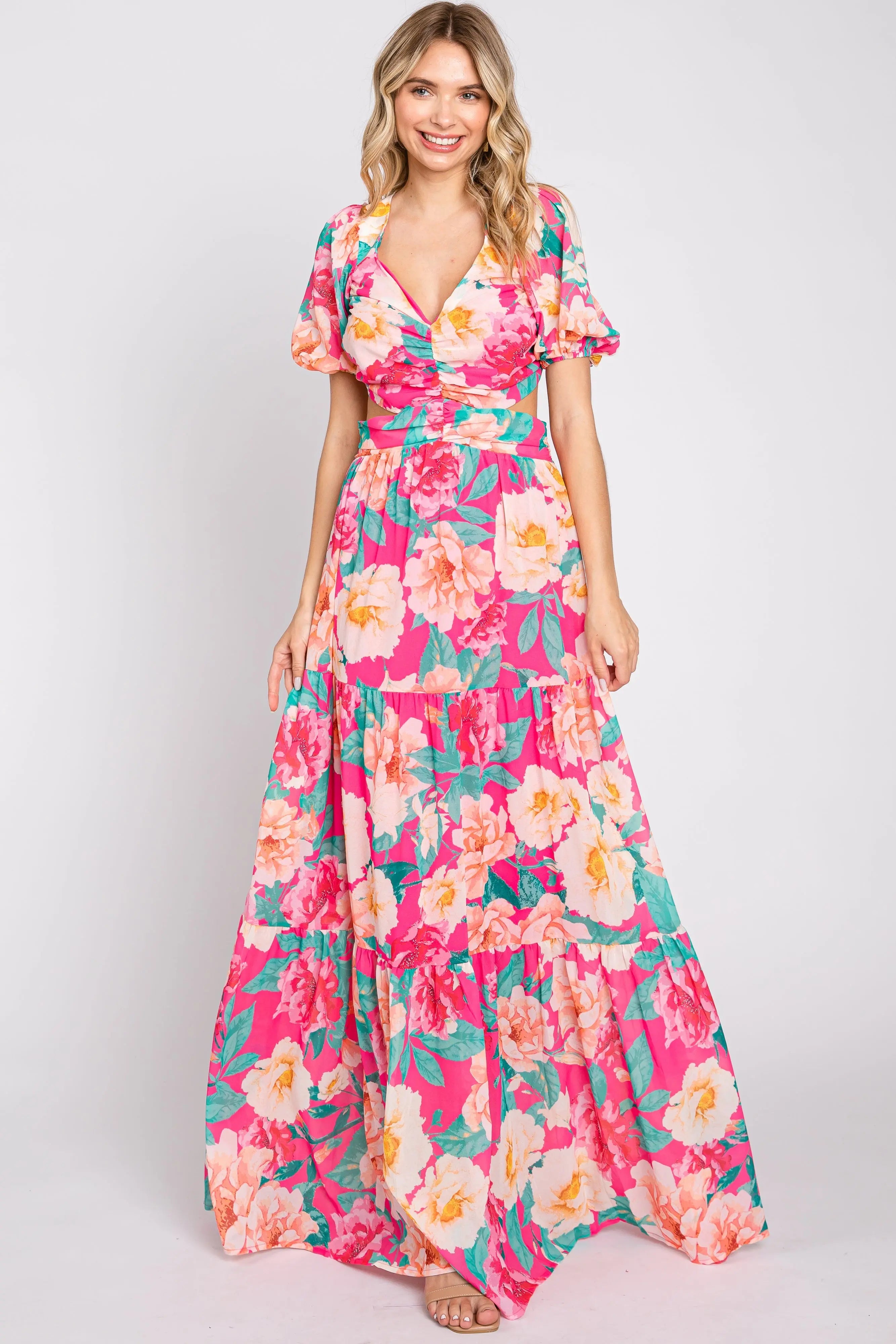 Fuchsia Floral Chiffon Front Sweetheart Neck Lace-Up Back Tiered Maxi Dress PinkBlush