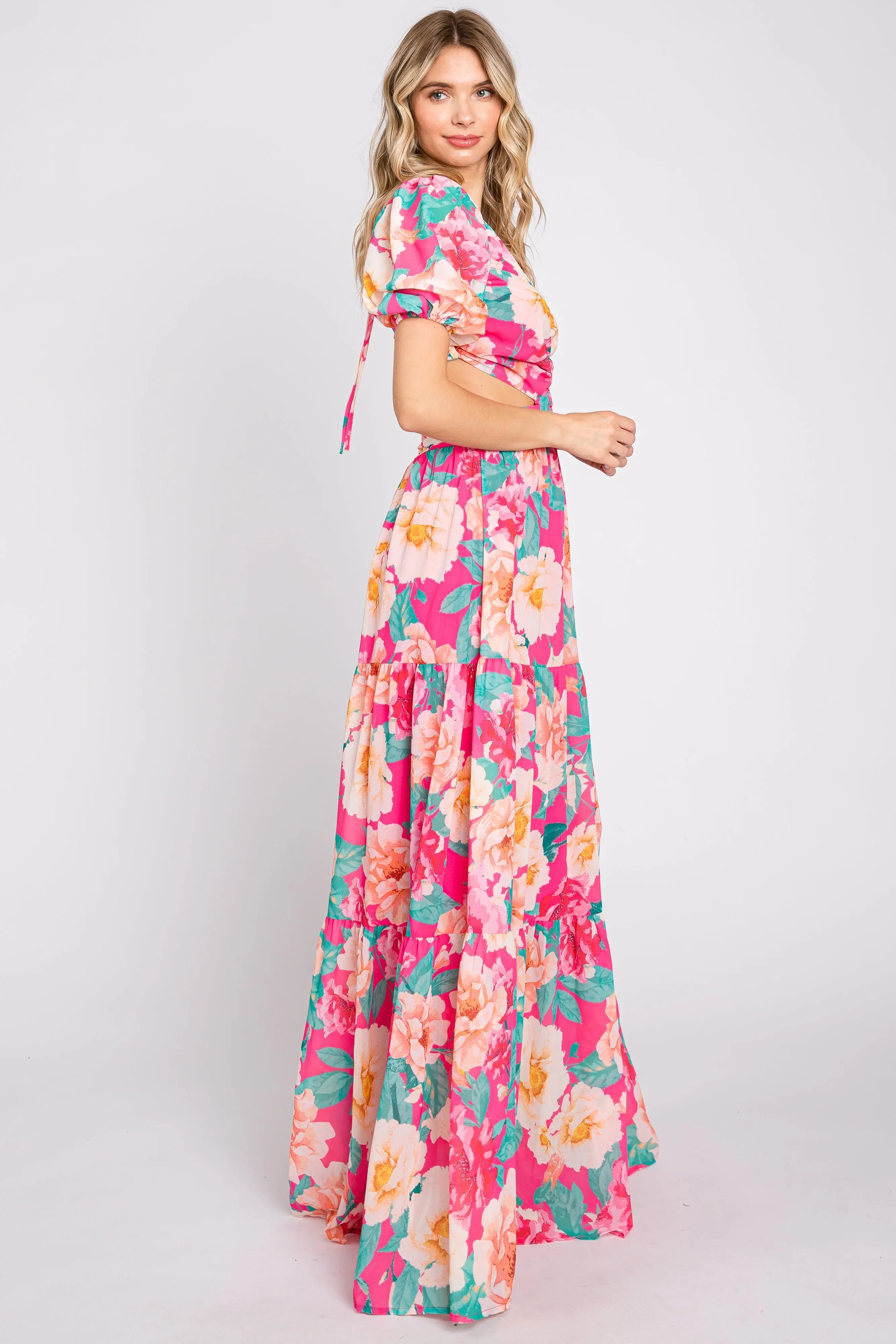 Fuchsia Floral Chiffon Front Sweetheart Neck Lace-Up Back Tiered Maxi Dress PinkBlush