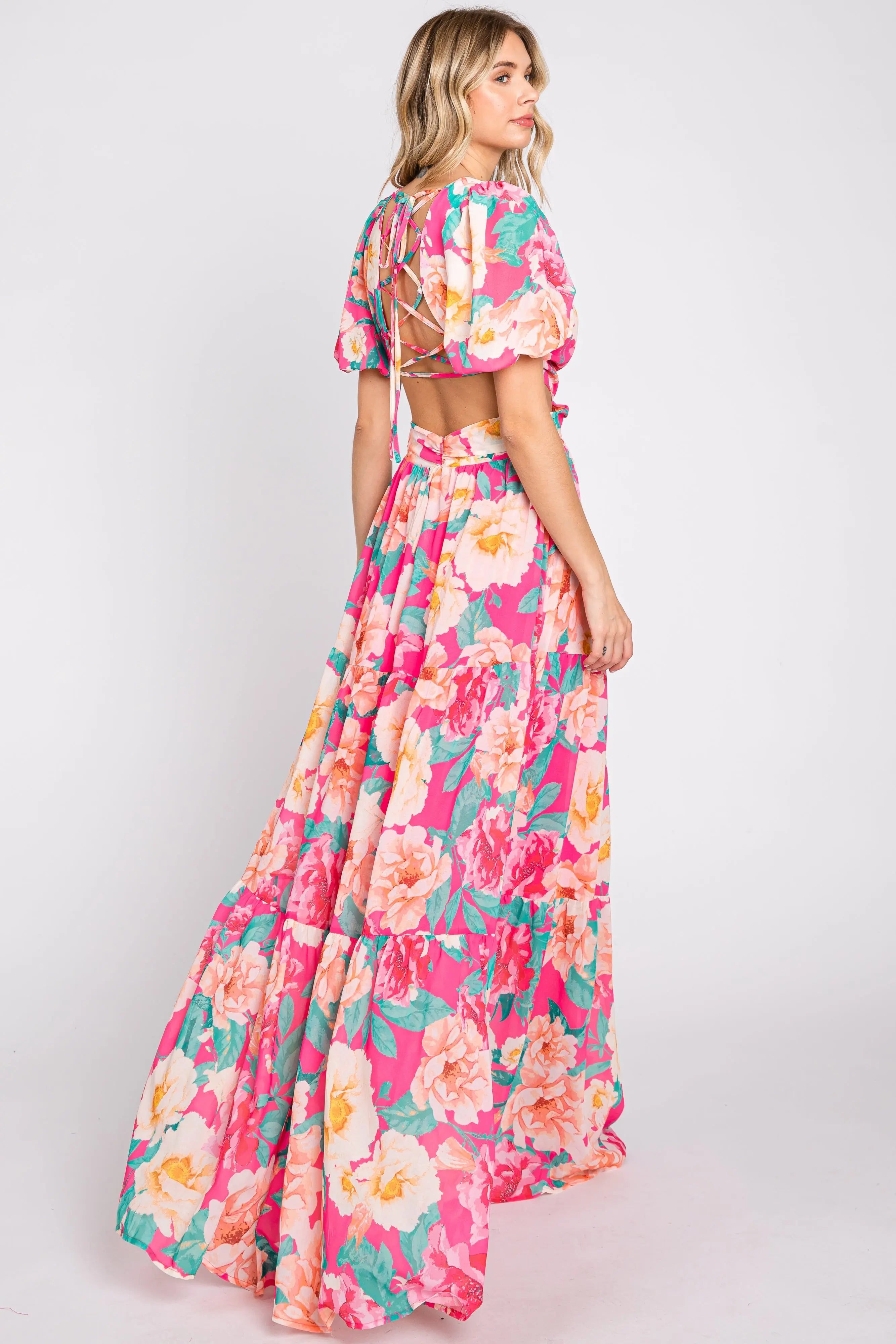 Fuchsia Floral Chiffon Front Sweetheart Neck Lace-Up Back Tiered Maxi Dress PinkBlush