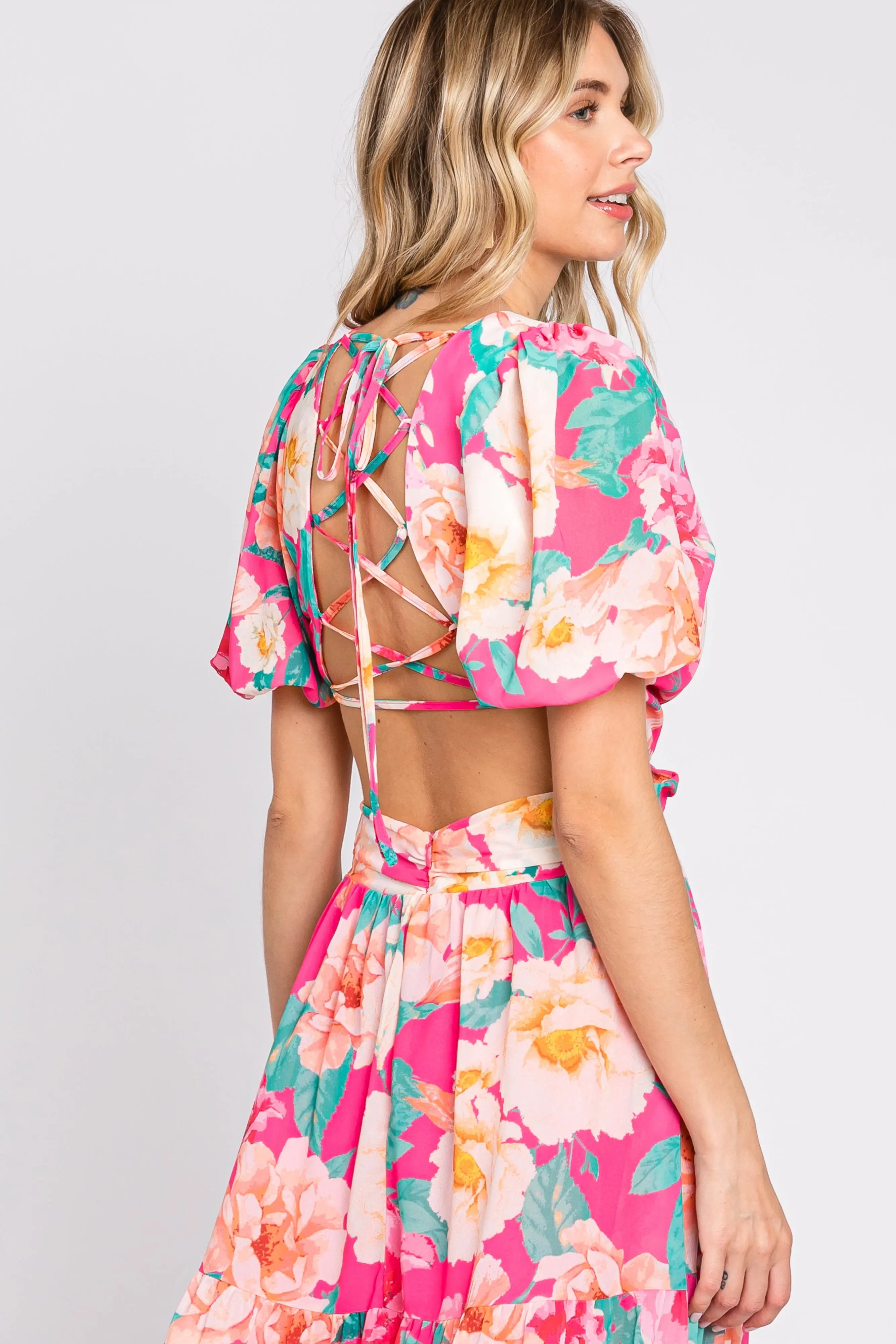 Fuchsia Floral Chiffon Front Sweetheart Neck Lace-Up Back Tiered Maxi Dress PinkBlush