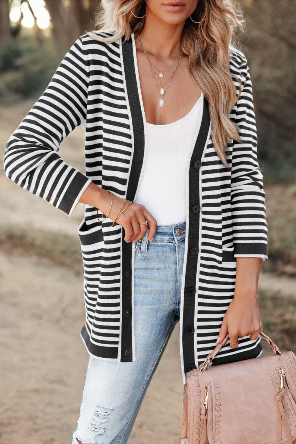 Striped Open Front Long Sleeve Cardigan.